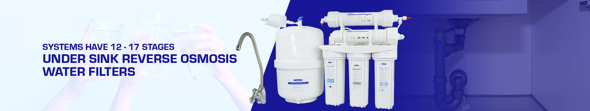 Under sink reverse osmosis banner: Crystal Quest RO system with storage tank and faucet, systems have 12 to 17 stages