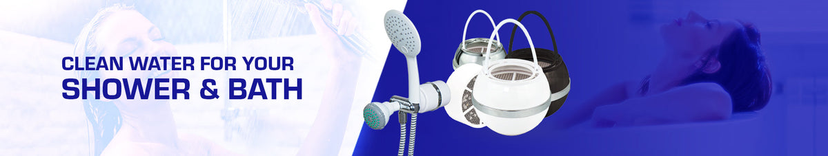 Shower and bath banner: Crystal Quest handheld shower filter and Bath Ball filters for clean shower and bath water