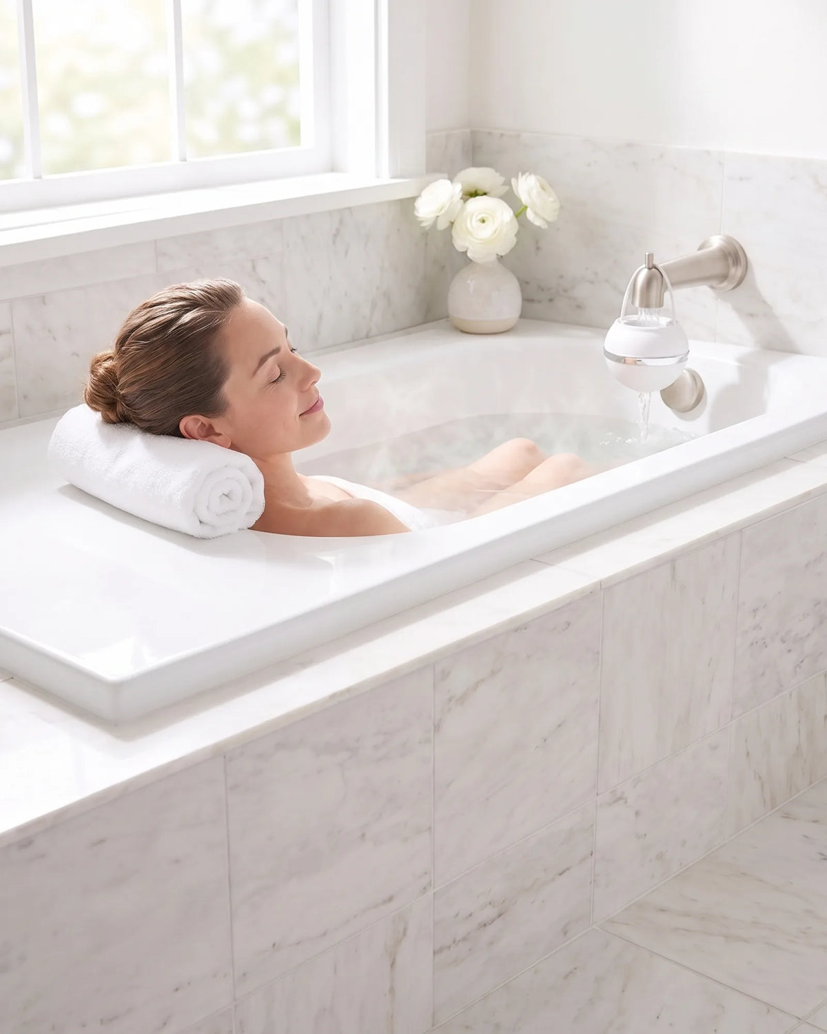 Water falling into the open top of the White Bath Ball, onto the six-spoke stainless steel mesh