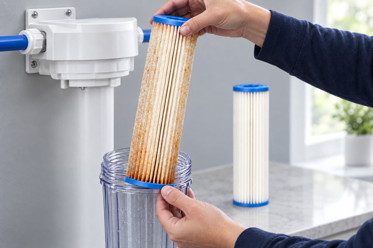 Hands lifting a used pleated sediment cartridge out of its housing, a new cartridge ready on the counter