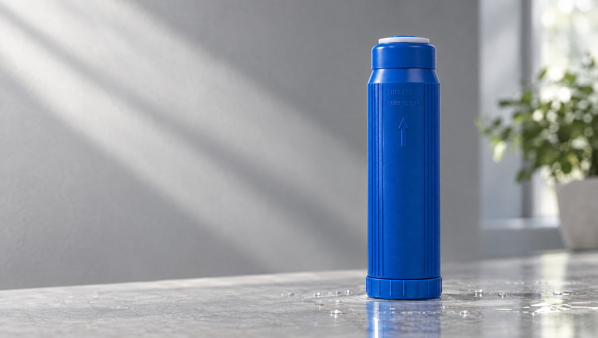 A blue SMART cartridge standing on a wet stone counter in soft window light