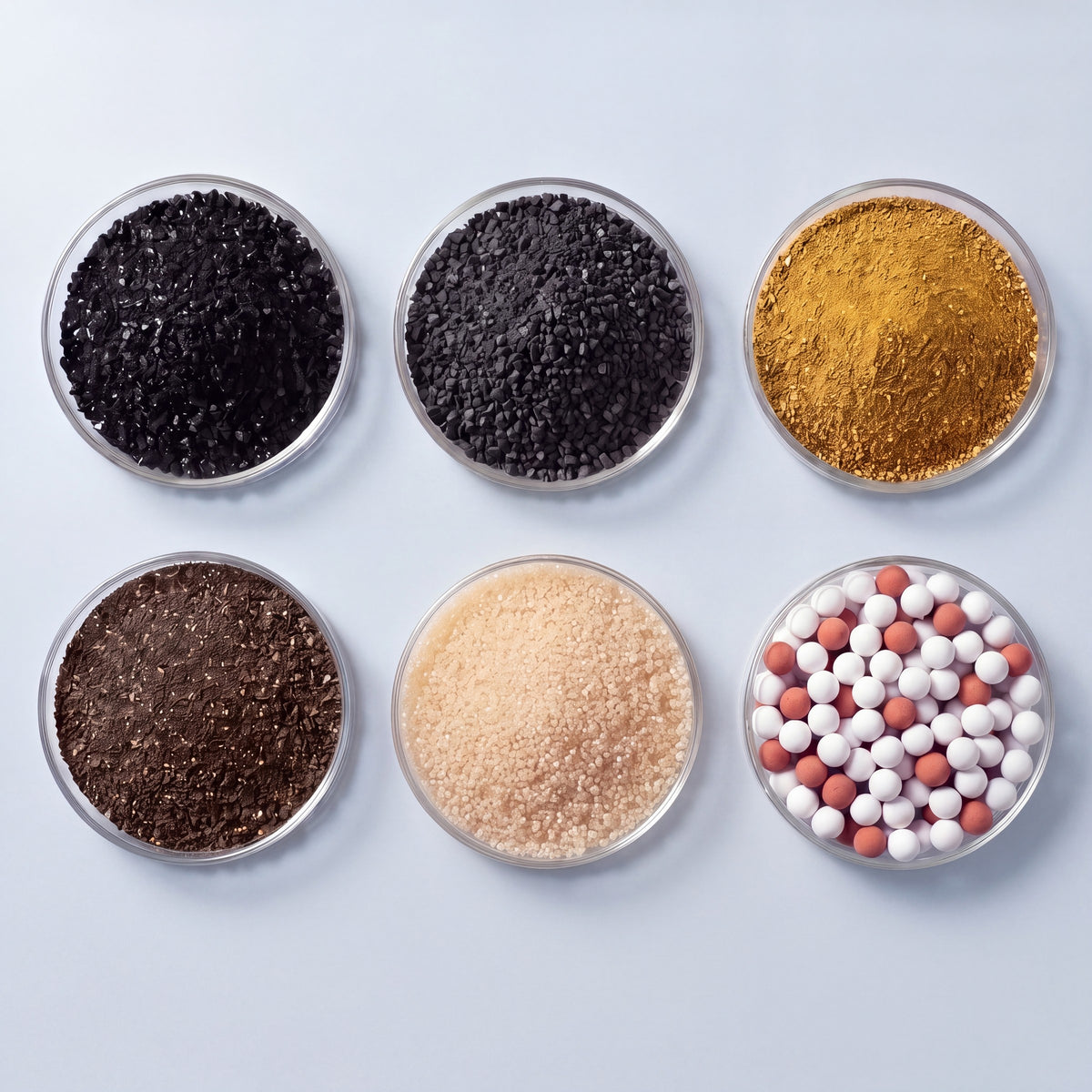 Six glass petri dishes of SMART cartridge media: coconut shell carbon, catalytic carbon, ERA 6500, ERA 9500, ion-exchange resin, and ceramic with tourmaline