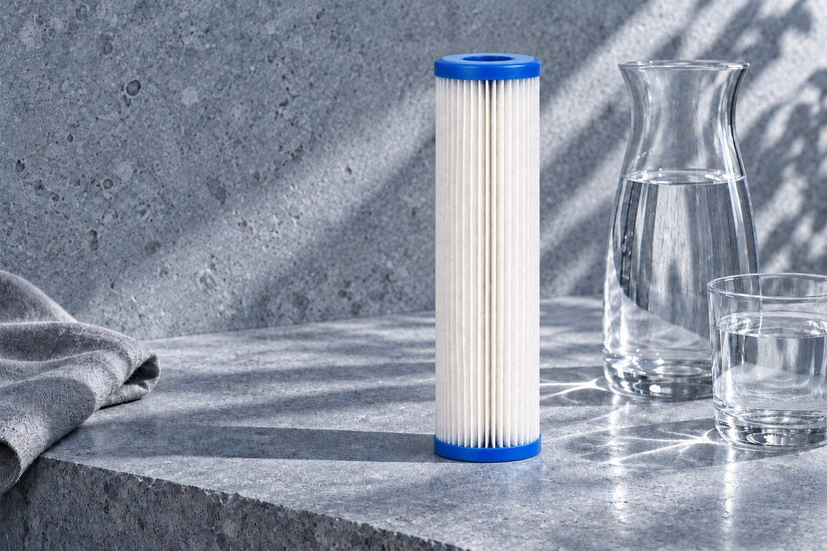 Pleated sediment cartridge on a blue-grey stone ledge beside a glass carafe of water, cool morning light