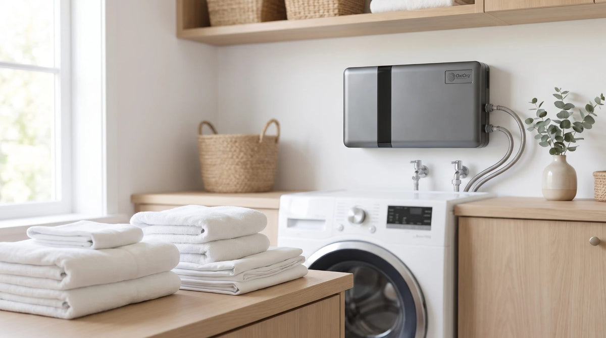OxiOrg O³ on the wall above a front-load washer, with fresh white towels folded in front