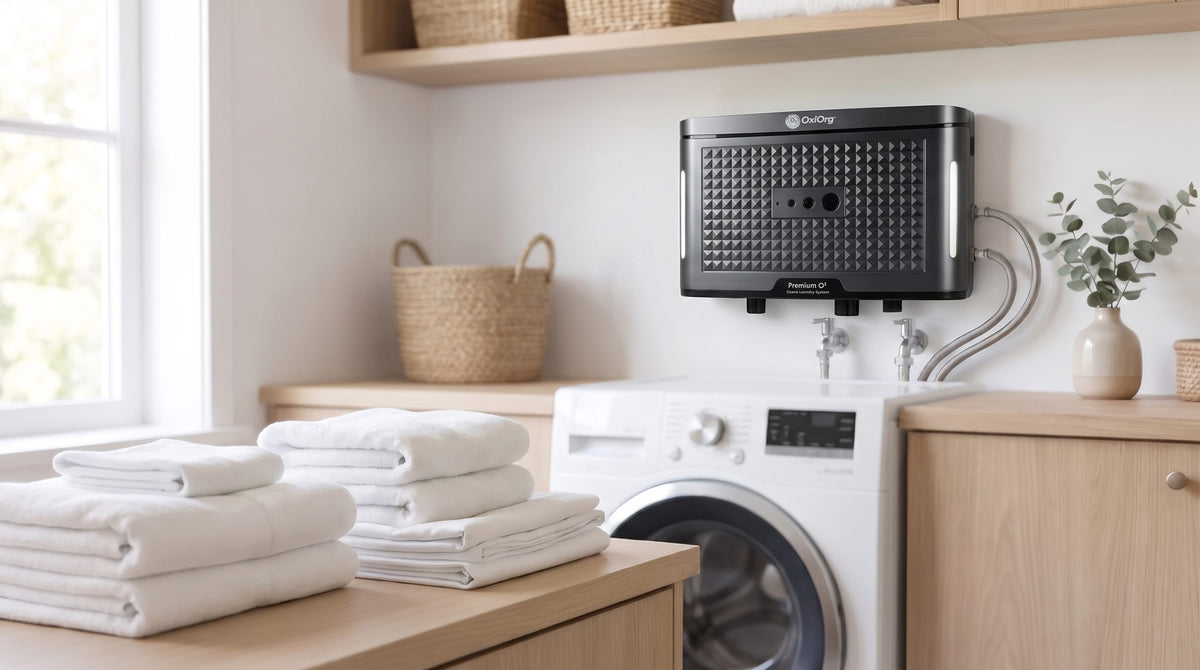 OxiOrg O³ Pro on the wall above a front-load washer, with fresh white towels folded in front