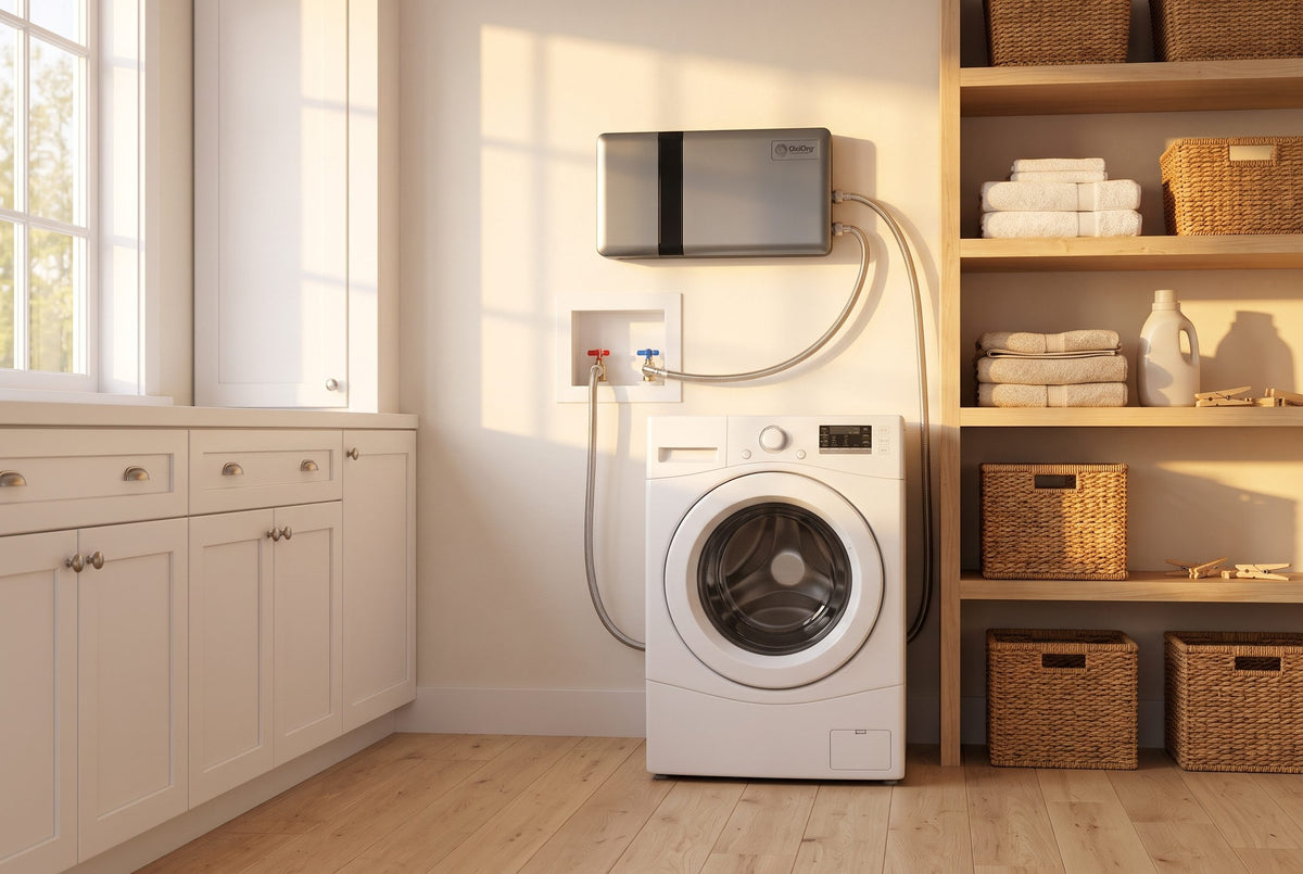 OxiOrg O³ above a front-load washer in a laundry room lit by late afternoon sun