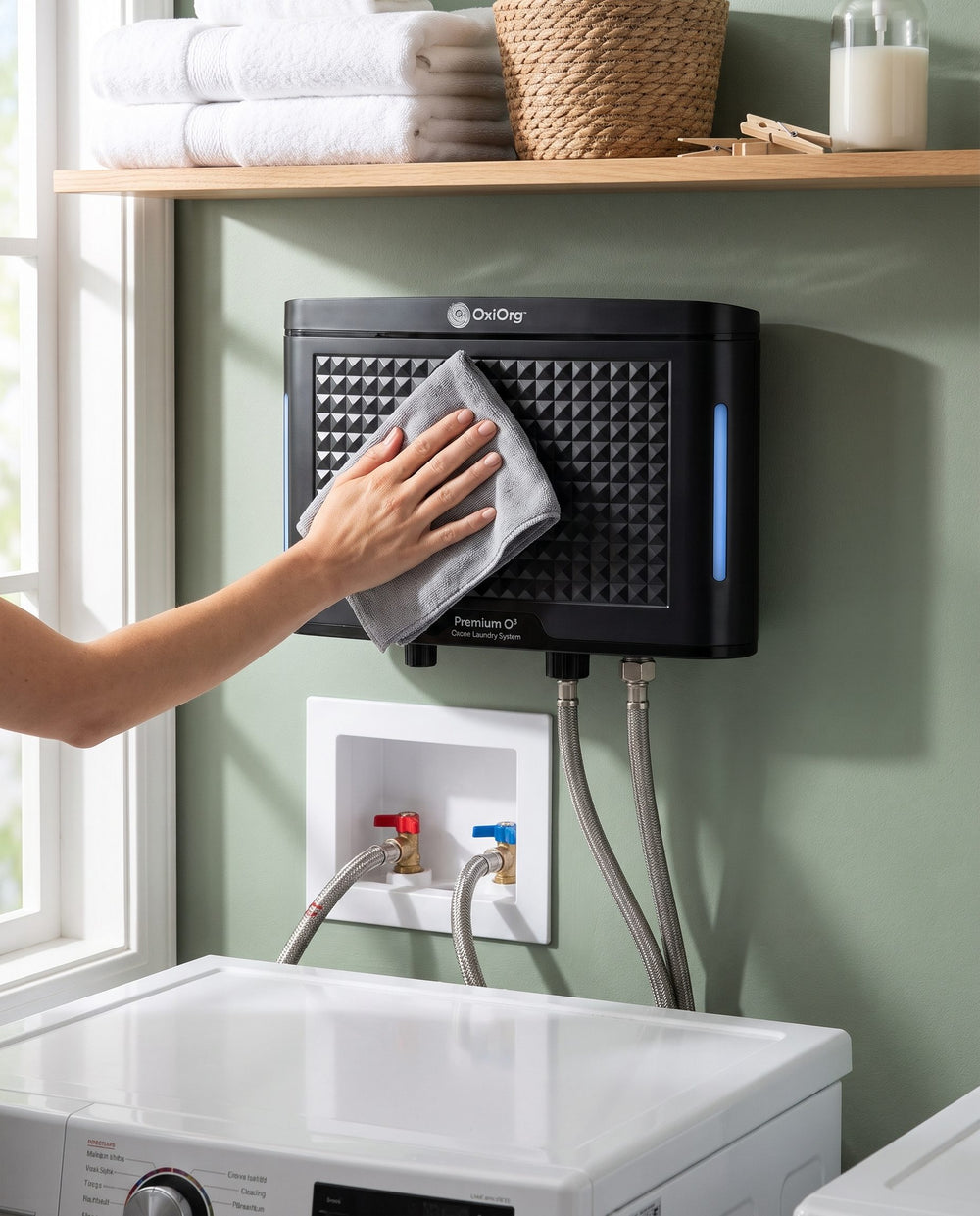 A hand wiping the textured front of the OxiOrg O³ Pro with a soft cloth