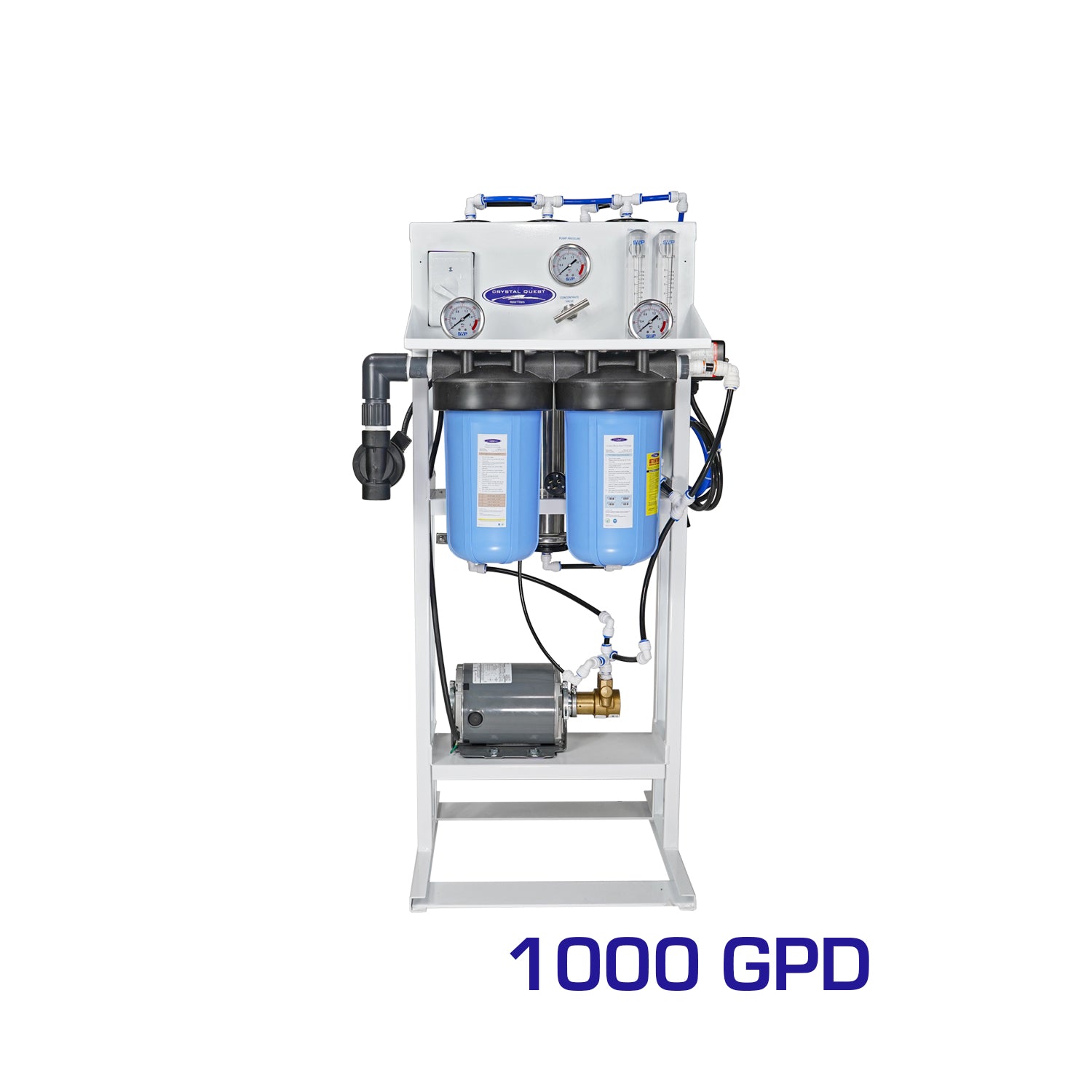 Whole House Reverse Osmosis System, 1000 GPD standalone unit with blue prefilters and pump on white frame