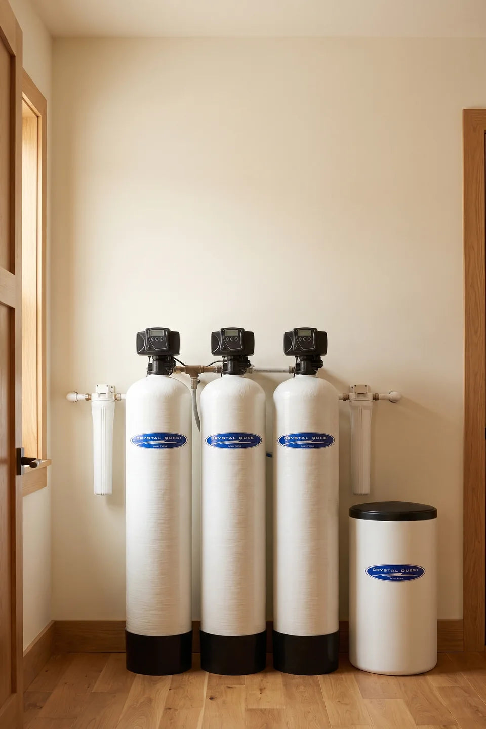 Complete Well Water System: three treatment tanks, a brine tank and two filter housings in an illustrative utility room