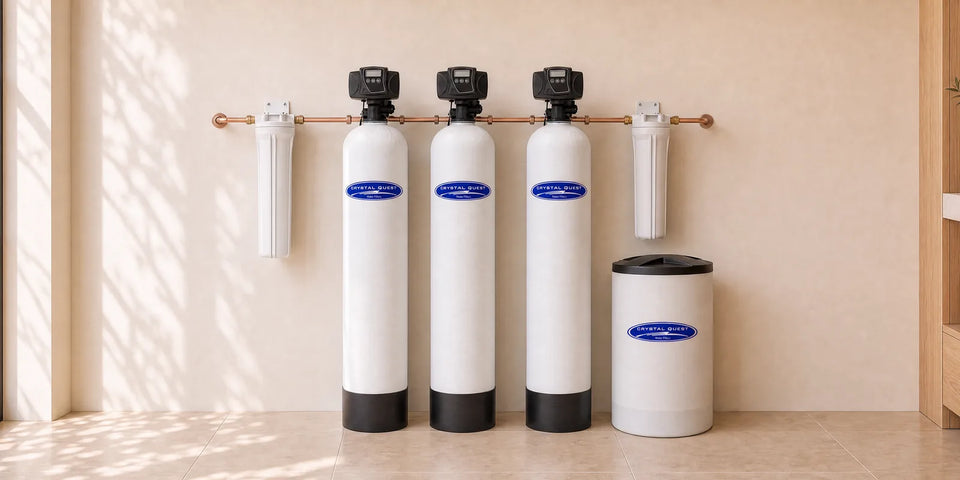 Complete Well Water System: three treatment tanks, a brine tank and two filter housings in an illustrative utility room
