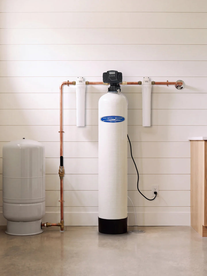 Illustrative view of a Metal Removal Whole House Water Filter plumbed after a well pressure tank
