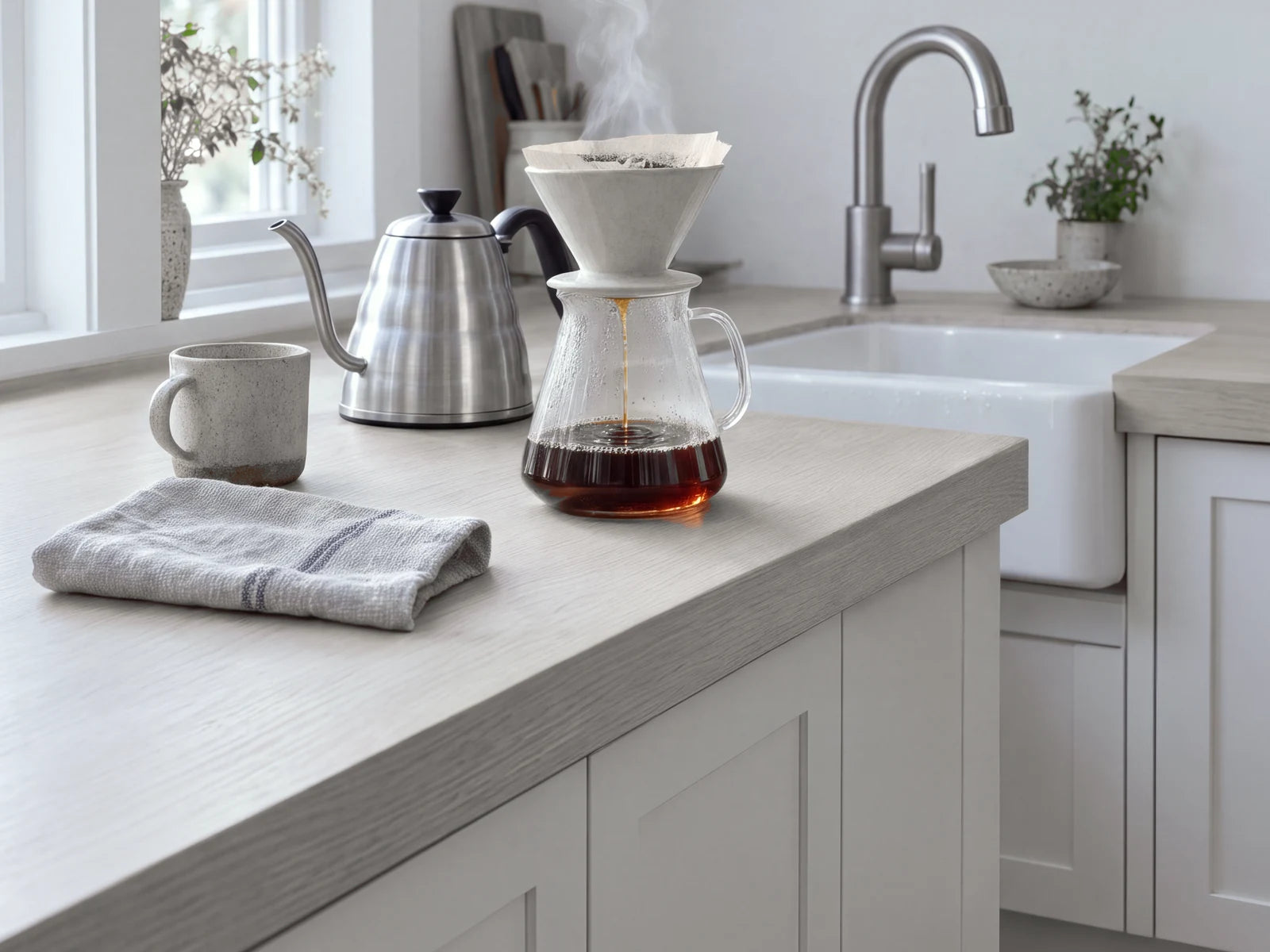 Pour-over coffee on a kitchen counter beside the tap