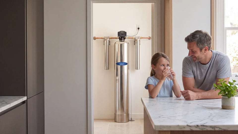 A father and daughter at the kitchen counter, the girl drinking a glass of water, with a stainless whole house water filter in the room behind them; illustrative scene