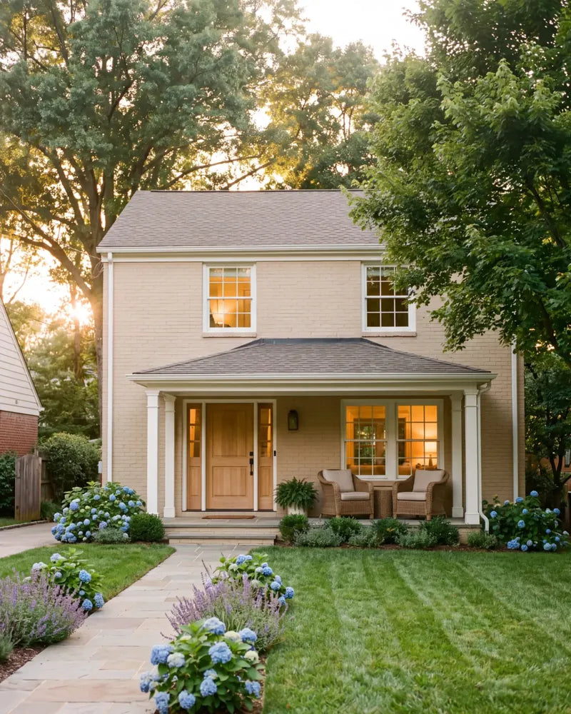 A warmly lit home surrounded by trees at dusk, illustrative scene