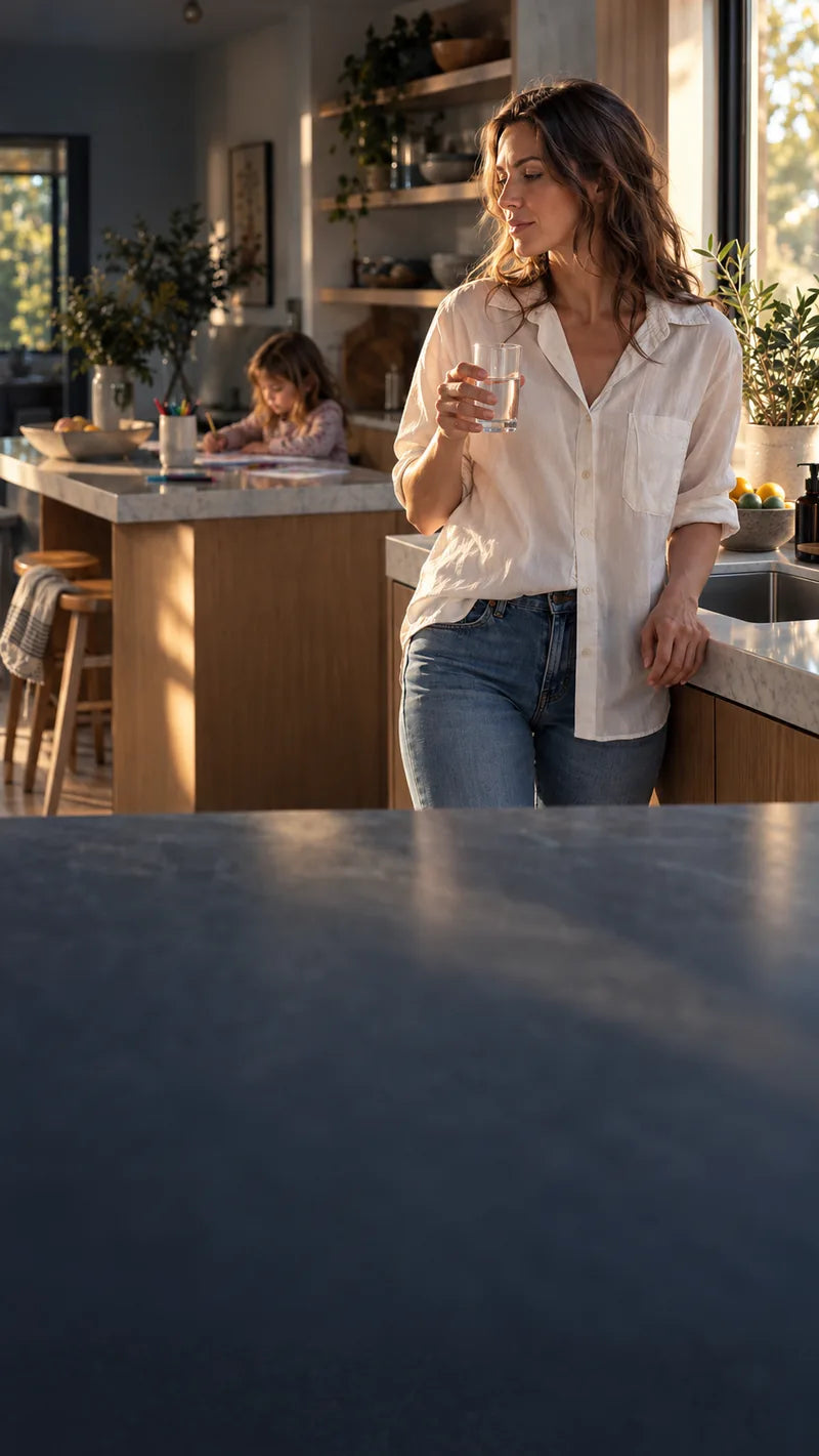 A quiet moment with a glass of water in a family kitchen, illustrative scene