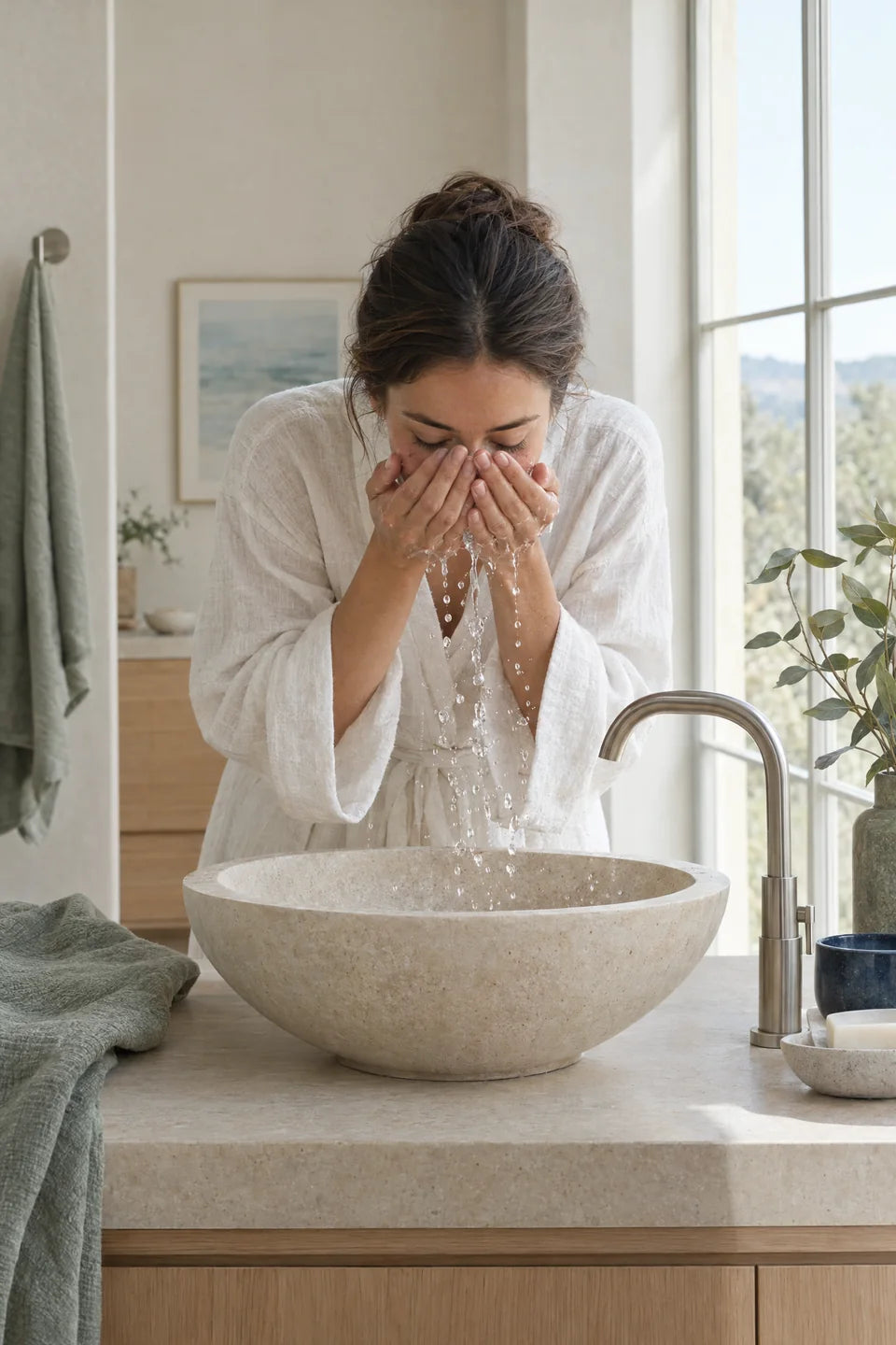 A woman rinsing her face with water at a bathroom basin