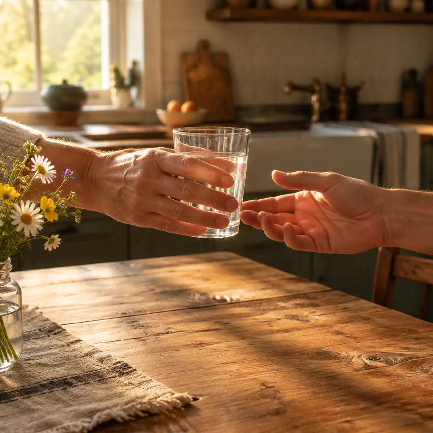 One person handing another a glass of water across a sunlit wooden table
