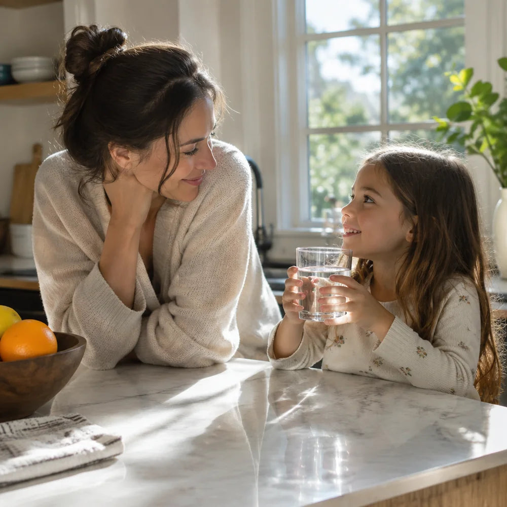 A mother and her daughter sharing glasses of water at a marble kitchen counter