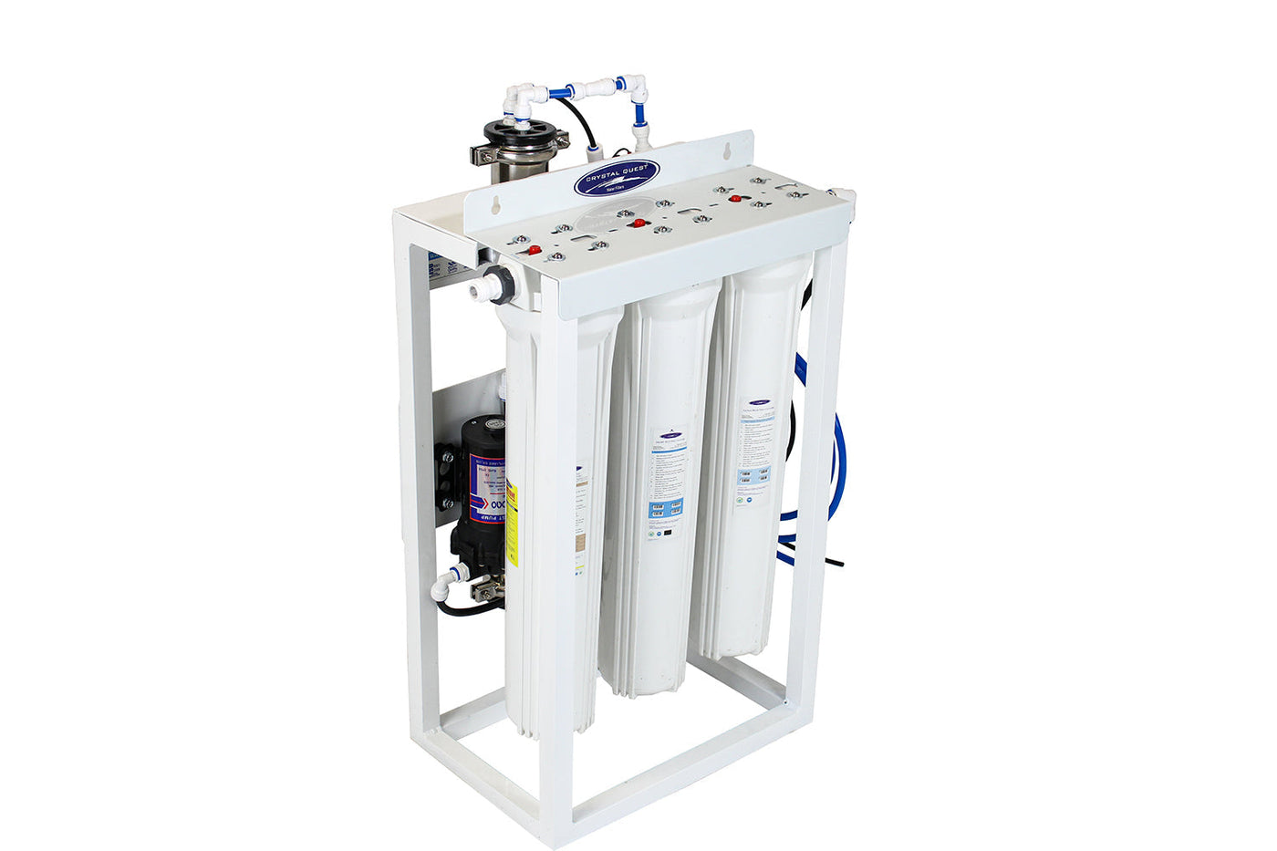 Crystal Quest whole house reverse osmosis system on its frame with pre-filter housings and booster pump