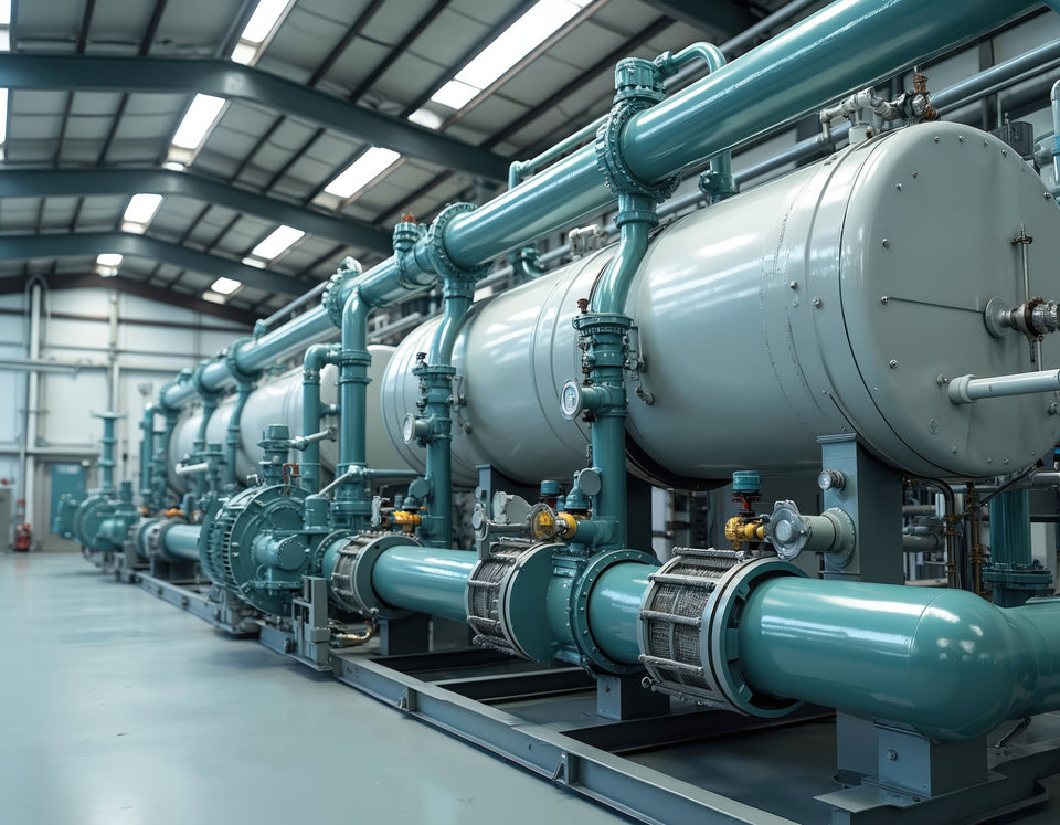 Large horizontal pressure vessels joined by teal pipes, valves and pressure gauges in an industrial water treatment plant