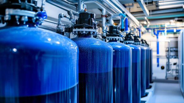 Row of blue water softener tanks with black control valve heads in a mechanical room