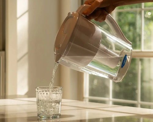 Filtered water poured from a pitcher into a glass on a kitchen table