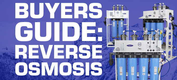 image of reverse osmosis fitler collection and text that says buyers guide: reverse osmosis on a blue background