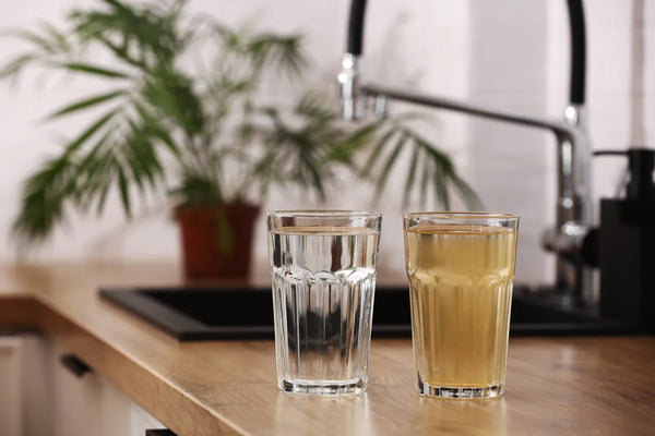 Two glasses of water on a kitchen counter, one clear and one cloudy, beside a faucet