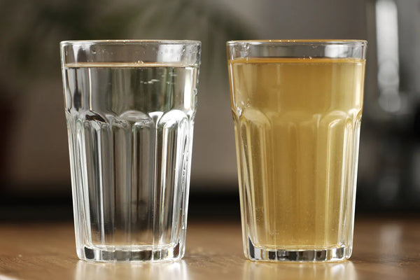 A glass of clear filtered water beside a glass of cloudy yellow unfiltered water on a kitchen counter