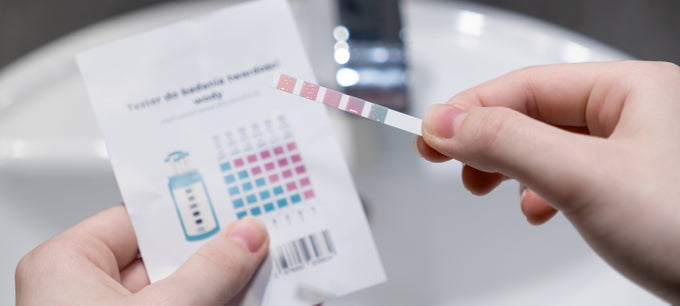 hand holding a water hardness test strip to assess water hardness levels