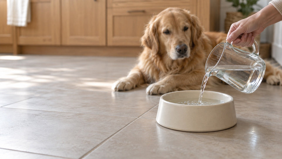 A hand pours water from a glass jug into a ceramic dog bowl on a kitchen floor while a golden retriever rests nearby