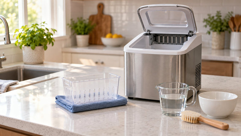 Countertop ice maker with its lid open and ice basket removed beside a microfiber cloth, brush and measuring cup on a kitchen counter