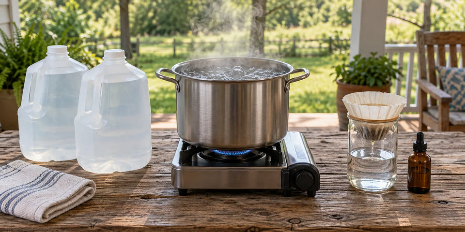 A pot of water at a rolling boil on a portable camp stove on a covered porch table, next to two gallon water jugs, a jar with a coffee filter and a small amber dropper bottle
