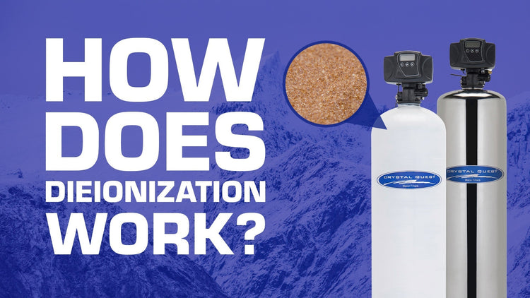 two water filtration systems zooming in on ion exchange resin with a caption that says how does deionization work