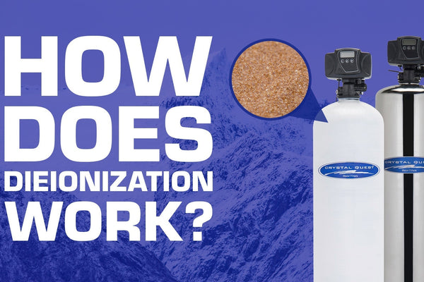 two water filtration systems zooming in on ion exchange resin with a caption that says how does deionization work