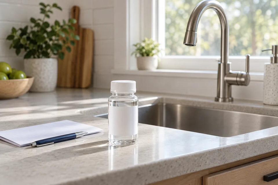 Blank water sample bottle, notepad and pen on a kitchen counter beside the sink faucet