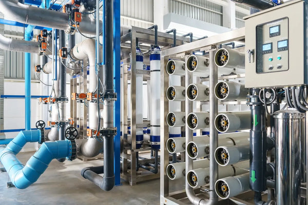 Commercial reverse osmosis skid with racked membrane pressure vessels, a control panel, and blue and gray piping in a treatment facility