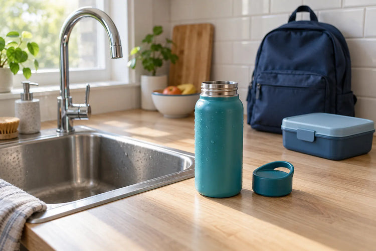 A child's reusable water bottle filled at a kitchen sink next to a school backpack and lunch box on the counter