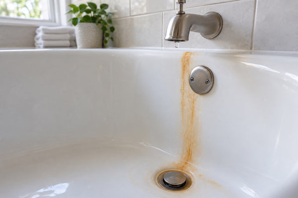 Orange rust colored stain streaking down a white porcelain bathtub from below the faucet to the drain.