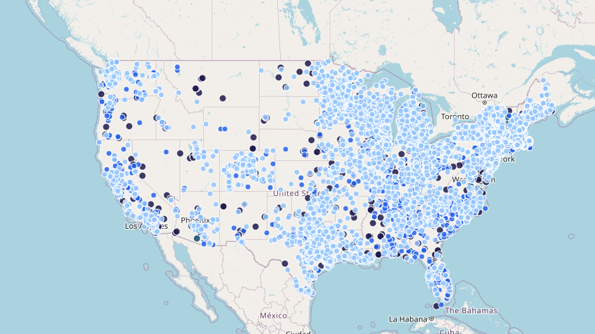 Map of the united states with dots that indicate areas with known pfas contamination