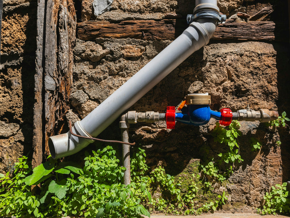 Blue water meter with red fittings on a supply line along a weathered stone wall, with green plants growing below