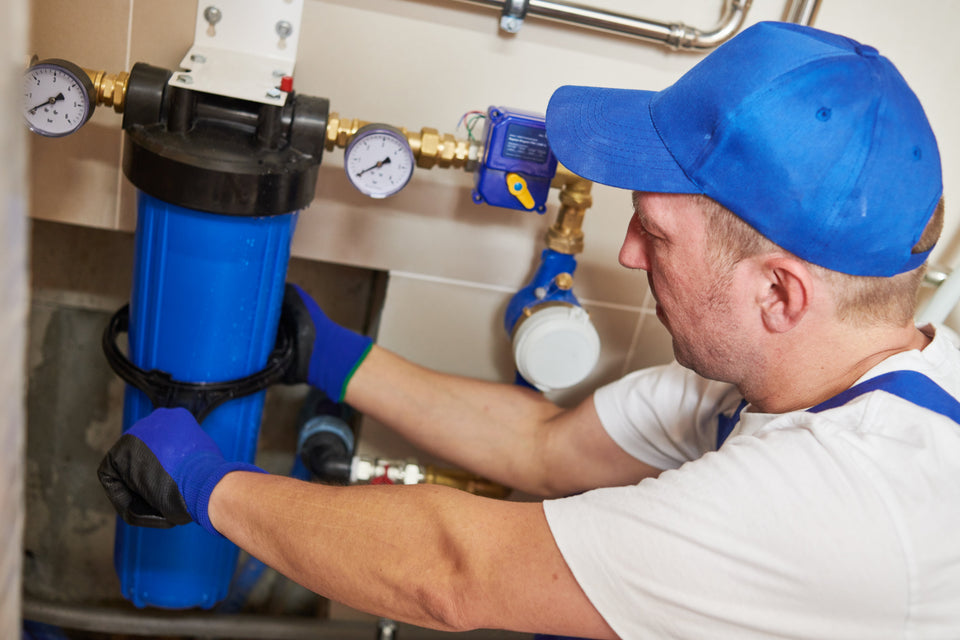 man replacing his water filter cartridge for the pre filter