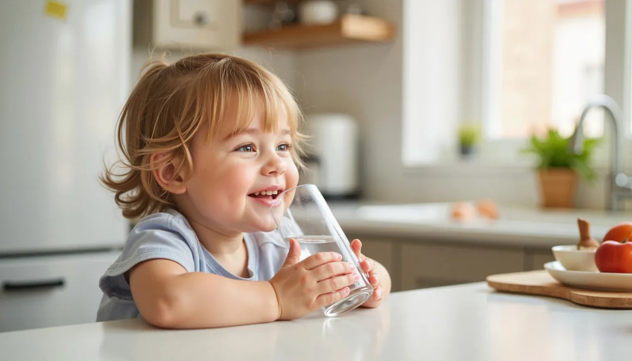 A smiling young child drinks a glass of clean, filtered water in a bright home kitchen