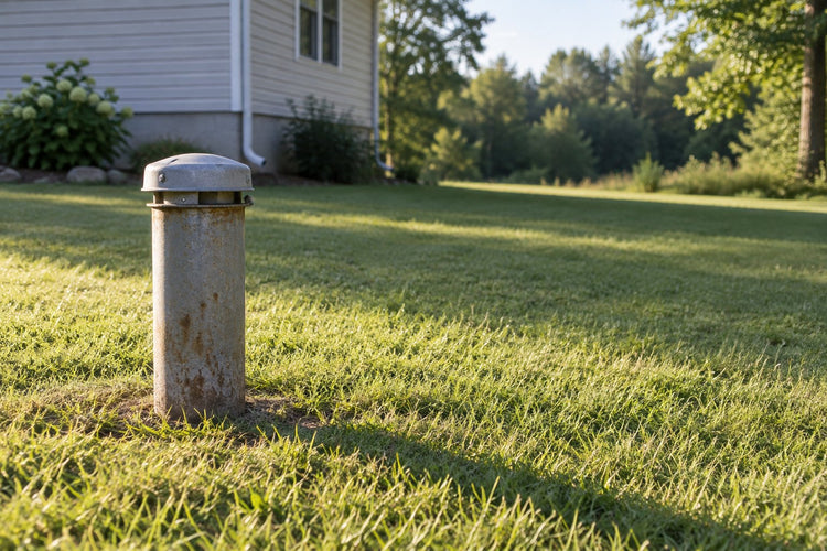 A capped private water well head standing in the mown back yard of a single-family home on a clear morning
