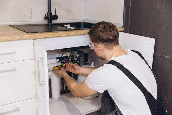Technician installing an under sink water filter system inside a kitchen cabinet
