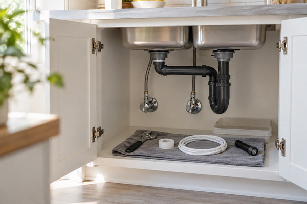 Open sink cabinet with shutoff valves, a wrench, thread seal tape, white tubing and a flashlight laid out for filter install