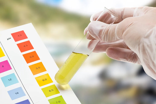 A gloved hand holds a water test tube beside a pH color chart marked from 4.0 to 7.0, the acidic to neutral range where reverse osmosis water typically falls