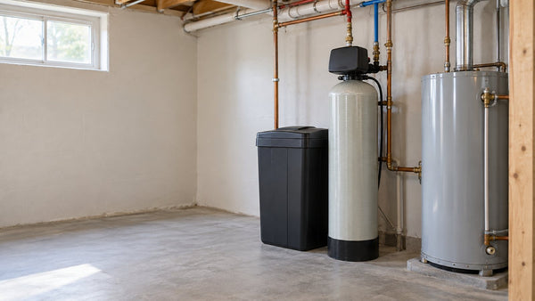 Water softener resin tank and brine tank installed beside a water heater in a residential basement utility corner