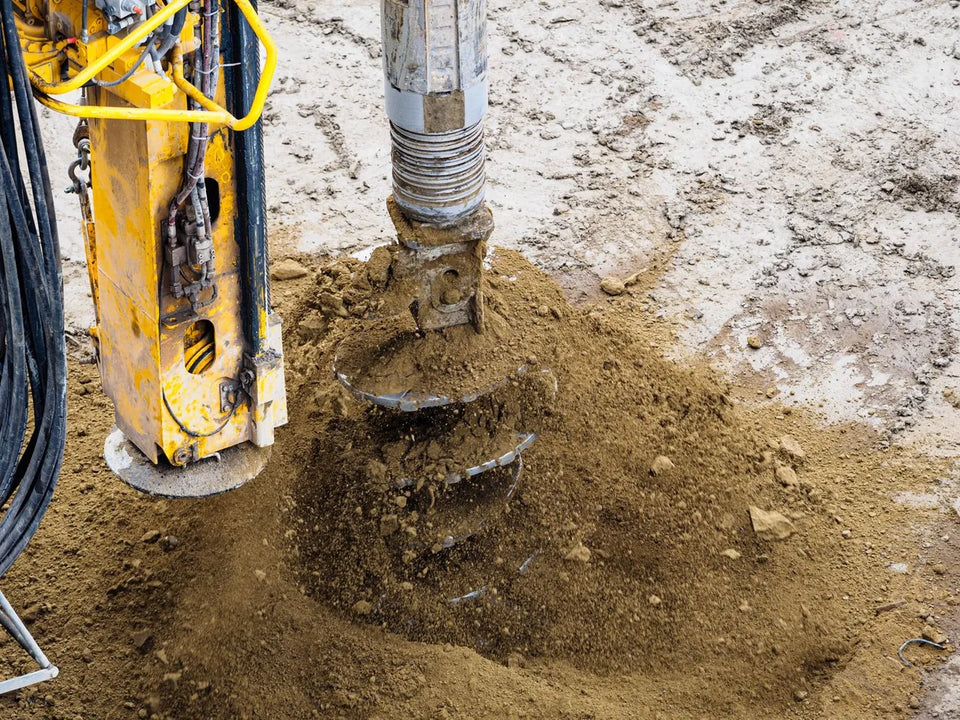 Auger drill bit boring a new well into bare soil at a work site