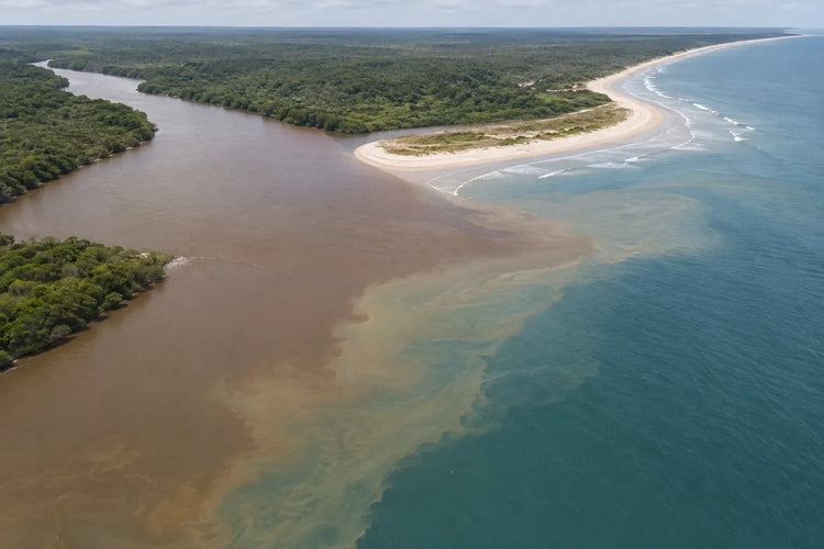 Aerial view of a brown river flowing into blue-green seawater at a river mouth, with a swirling line where the fresh and salt water mix